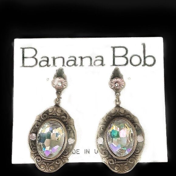 Vtg Banana Bob Art Deco Victorian ab lucite ox gold dangle pierced earrings - Picture 6 of 6